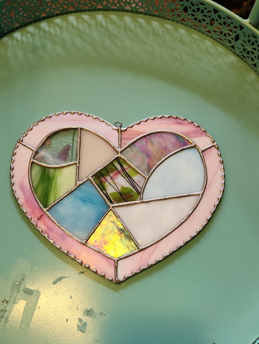 Handmade Stained Glass Heart Suncatcher - Pastel Colors Pink Blue Green